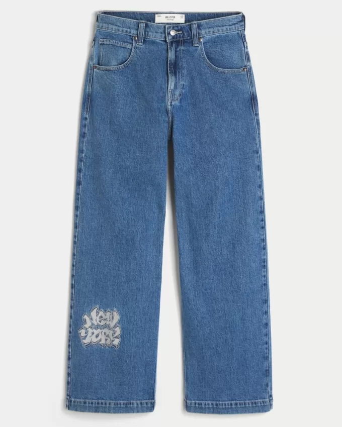 Medium Wash NYC Graphic Super Baggy Jeans,Medium Wash NYC Graphic Super Baggy Jeans