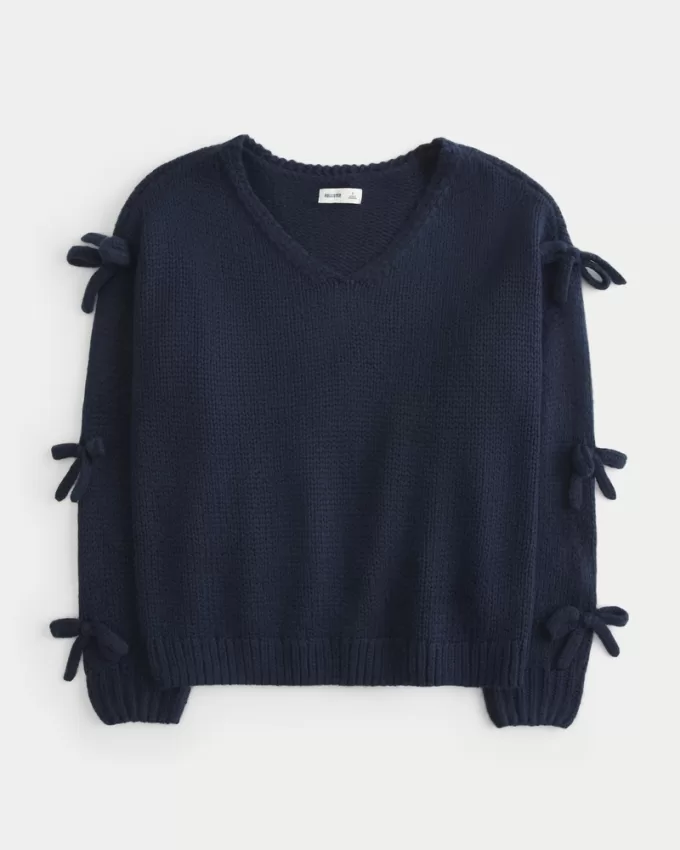 Off-the-Shoulder Bow Applique Sweater,Off-the-Shoulder Bow Applique Sweater