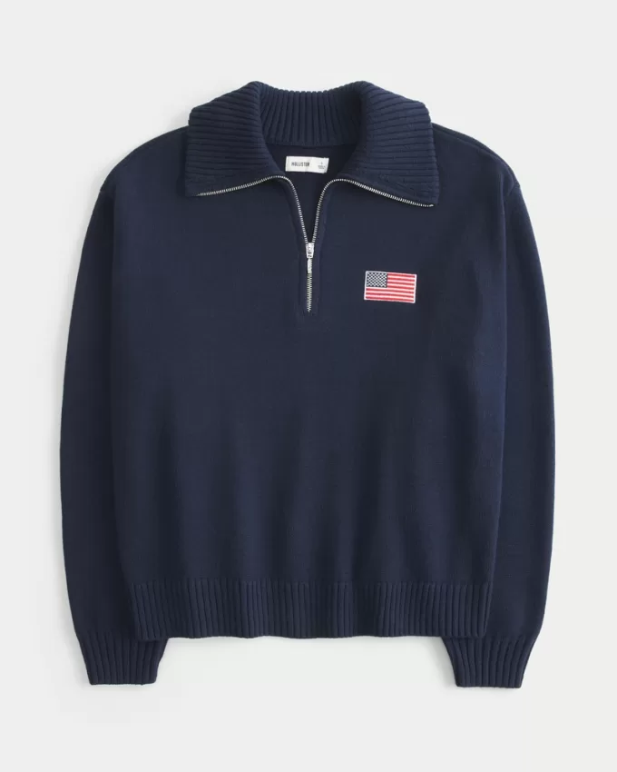 Oversized Half-Zip American Flag Graphic Sweater,Oversized Half-Zip American Flag Graphic Sweater