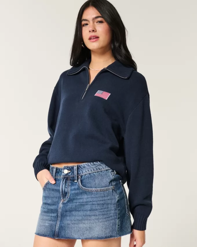 Oversized Half-Zip American Flag Graphic Sweater,Oversized Half-Zip American Flag Graphic Sweater