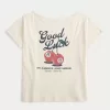 Oversized Off-the-Shoulder Good Luck Graphic Tee,Oversized Off-the-Shoulder Good Luck Graphic Tee