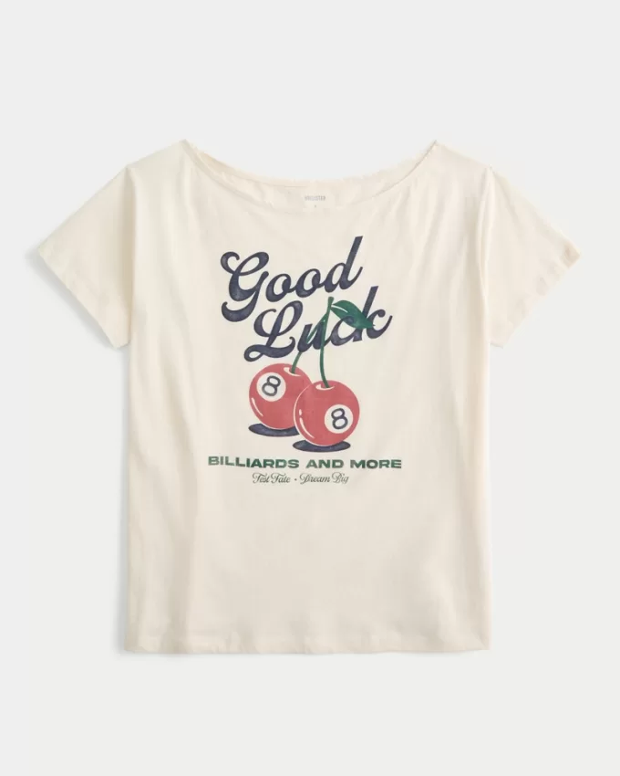 Oversized Off-the-Shoulder Good Luck Graphic Tee,Oversized Off-the-Shoulder Good Luck Graphic Tee