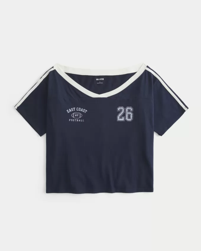 Oversized Off-the-Shoulder Varsity Graphic Tee,Oversized Off-the-Shoulder Varsity Graphic Tee