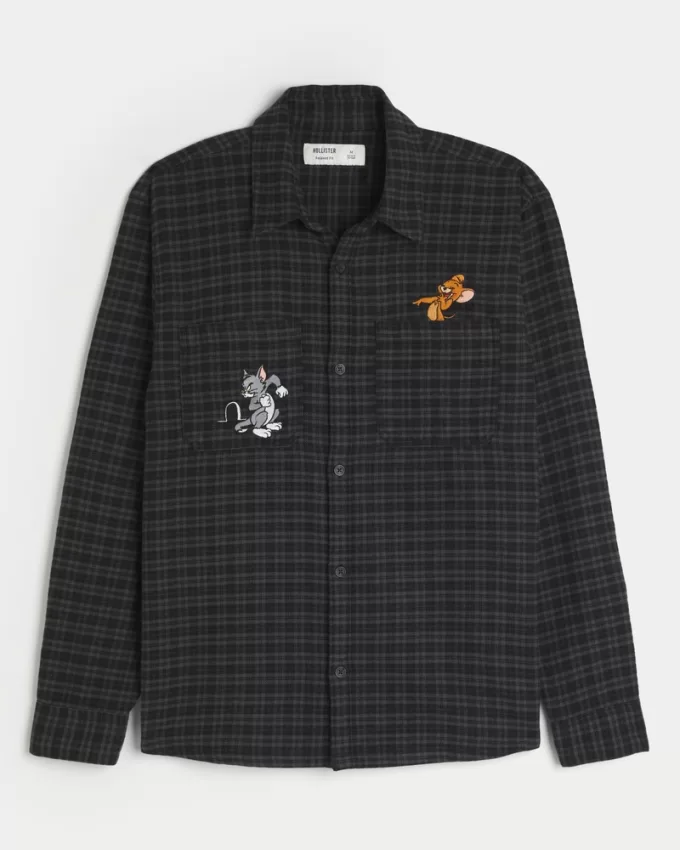 Relaxed Flannel Tom and Jerry Graphic Shirt,Relaxed Flannel Tom and Jerry Graphic Shirt