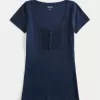Ribbed Lace Placket Scoop Henley,Ribbed Lace Placket Scoop Henley