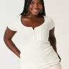 Ribbed Lace Placket Scoop Henley,Ribbed Lace Placket Scoop Henley