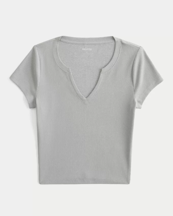 Ribbed Seamless Fabric Notch Neck Baby Tee,Ribbed Seamless Fabric Notch Neck Baby Tee