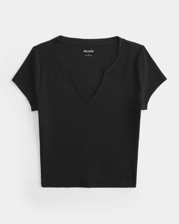 Ribbed Seamless Fabric Notch Neck Baby Tee,Ribbed Seamless Fabric Notch Neck Baby Tee