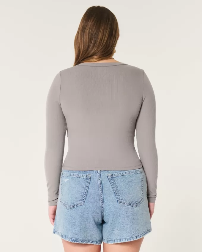 Ribbed Seamless Fabric Notch-Neck Top,Ribbed Seamless Fabric Notch-Neck Top