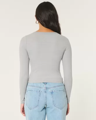 Ribbed Seamless Fabric Notch-Neck Top,Ribbed Seamless Fabric Notch-Neck Top Ribbed Seamless Fabric Notch-Neck Top,Ribbed Seamless Fabric Notch-Neck Top