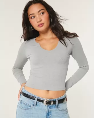 Ribbed Seamless Fabric Notch-Neck Top,Ribbed Seamless Fabric Notch-Neck Top Ribbed Seamless Fabric Notch-Neck Top,Ribbed Seamless Fabric Notch-Neck Top
