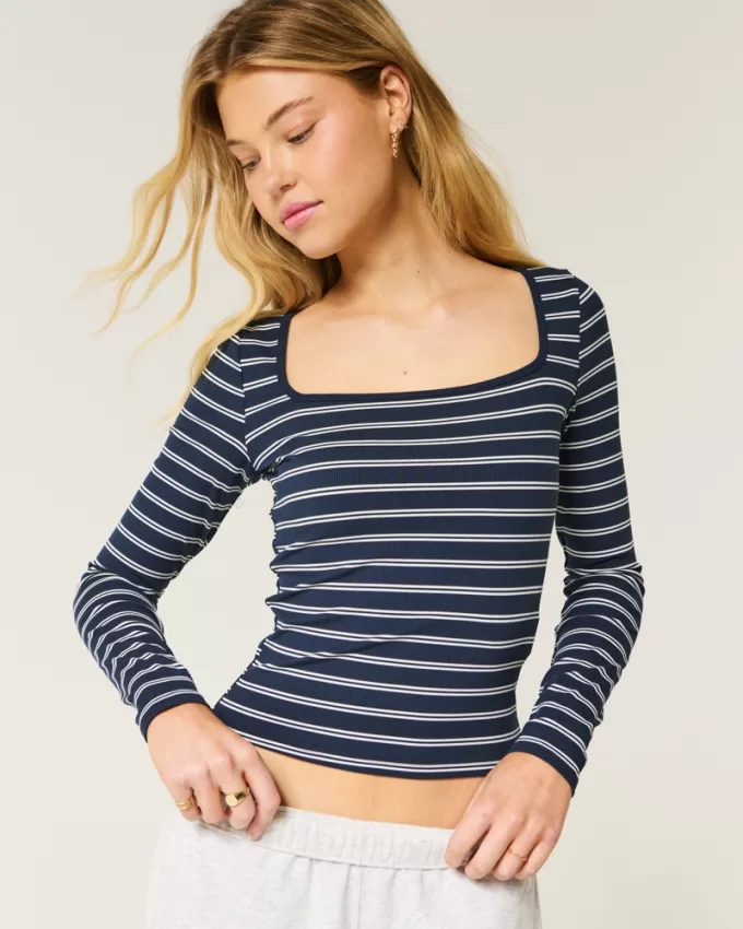 Ribbed Seamless Fabric Square-Neck Top,Ribbed Seamless Fabric Square-Neck Top