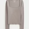 Ribbed Seamless Fabric Square-Neck Top,Ribbed Seamless Fabric Square-Neck Top