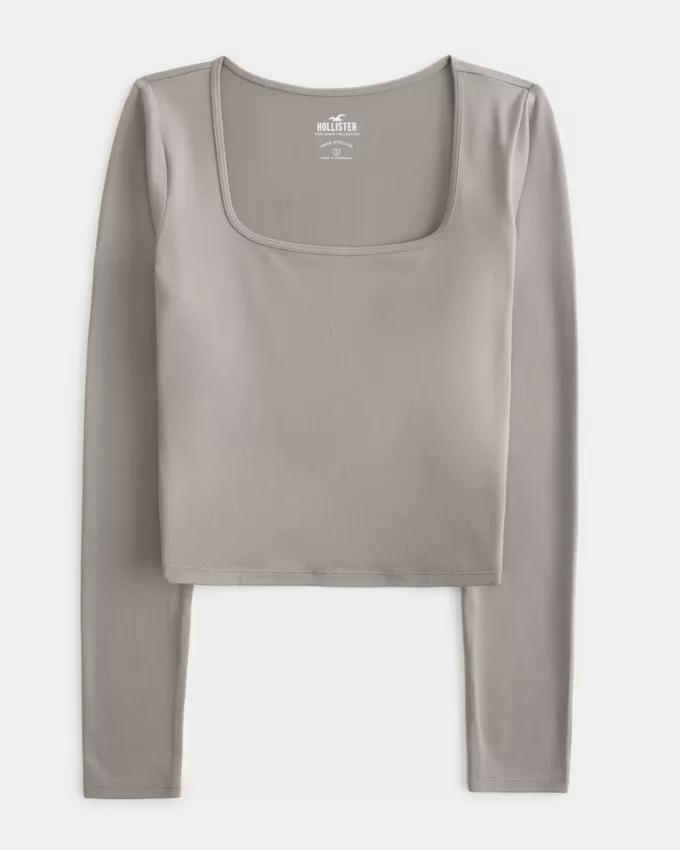 Seamless Fabric Long-Sleeve Square-Neck T-Shirt,Seamless Fabric Long-Sleeve Square-Neck T-Shirt