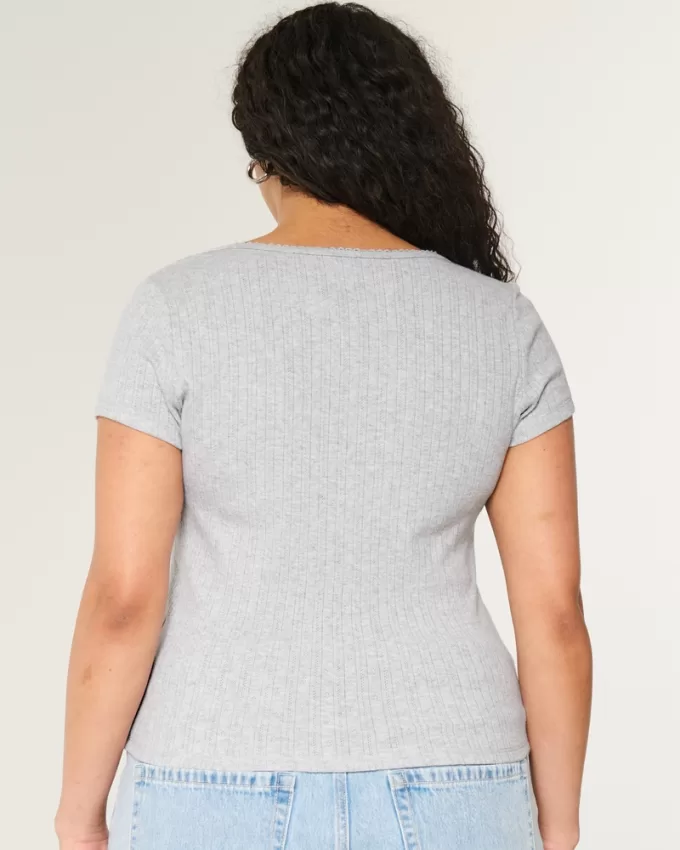 Short-Sleeve Button-Through Pointelle Top,Short-Sleeve Button-Through Pointelle Top