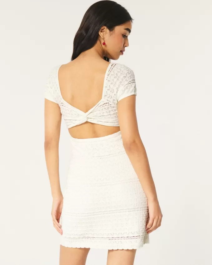 Short-Sleeve Crochet-Style Twist Back Mini Dress,Short-Sleeve Crochet-Style Twist Back Mini Dress Short-Sleeve Crochet-Style Twist Back Mini Dress,Short-Sleeve Crochet-Style Twist Back Mini Dress