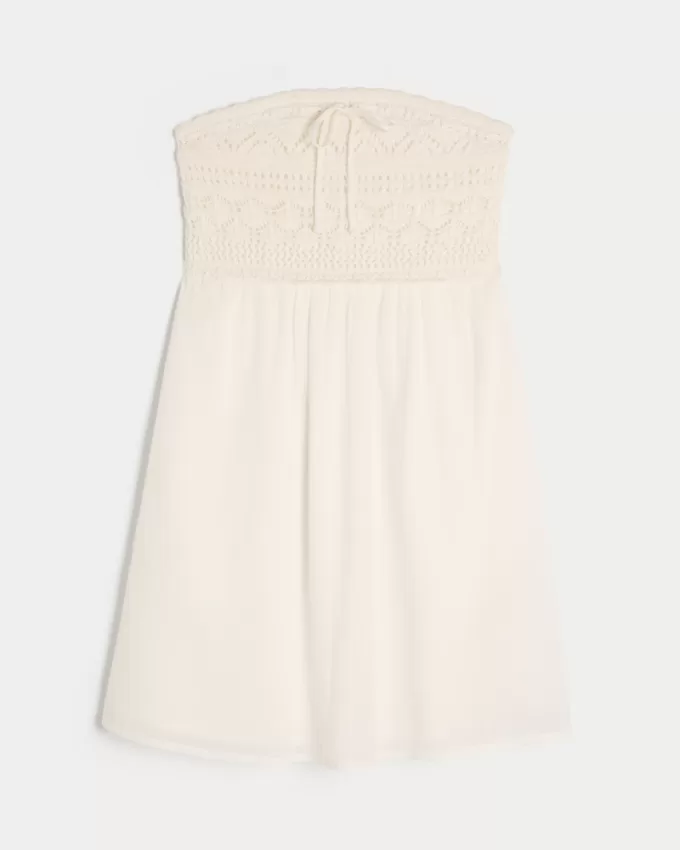 Strapless Crochet-Style Mix Mini Dress,Strapless Crochet-Style Mix Mini Dress