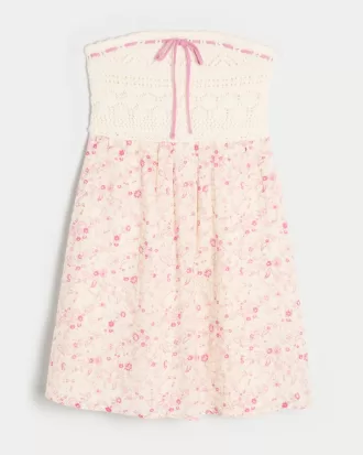 Strapless Crochet-Style Mix Mini Dress,Strapless Crochet-Style Mix Mini Dress