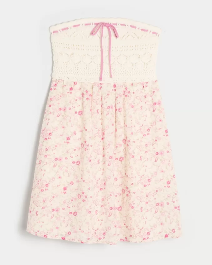Strapless Crochet-Style Mix Mini Dress,Strapless Crochet-Style Mix Mini Dress