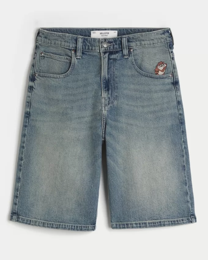 Taz Graphic Medium Wash Super Baggy Denim Shorts,Taz Graphic Medium Wash Super Baggy Denim Shorts