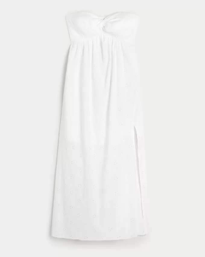Twist Bust Eyelet Strapless Midi Dress,Twist Bust Eyelet Strapless Midi Dress