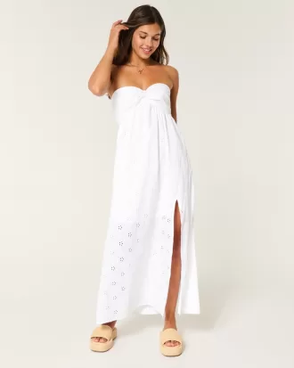 Twist Bust Eyelet Strapless Midi Dress,Twist Bust Eyelet Strapless Midi Dress