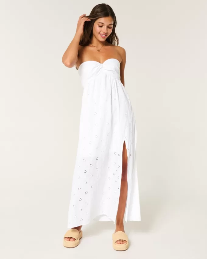 Twist Bust Eyelet Strapless Midi Dress,Twist Bust Eyelet Strapless Midi Dress