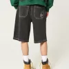 Washed Black Cat Graphic Super Baggy Denim Shorts,Washed Black Cat Graphic Super Baggy Denim Shorts